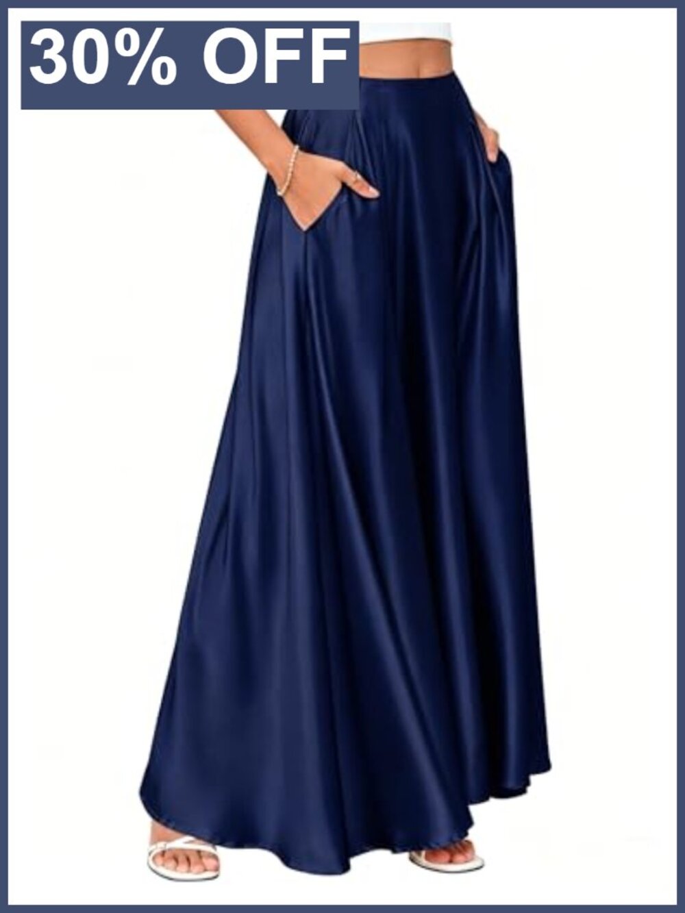 Satin Maxi Skirt High Waisted A-Line Flowy Long Skirt with Pockets